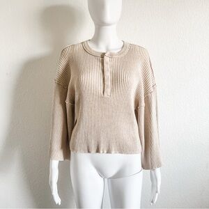 Urban Outfitters Small Beige Ribbed Bell Sleeve Henley Pullover Sweater